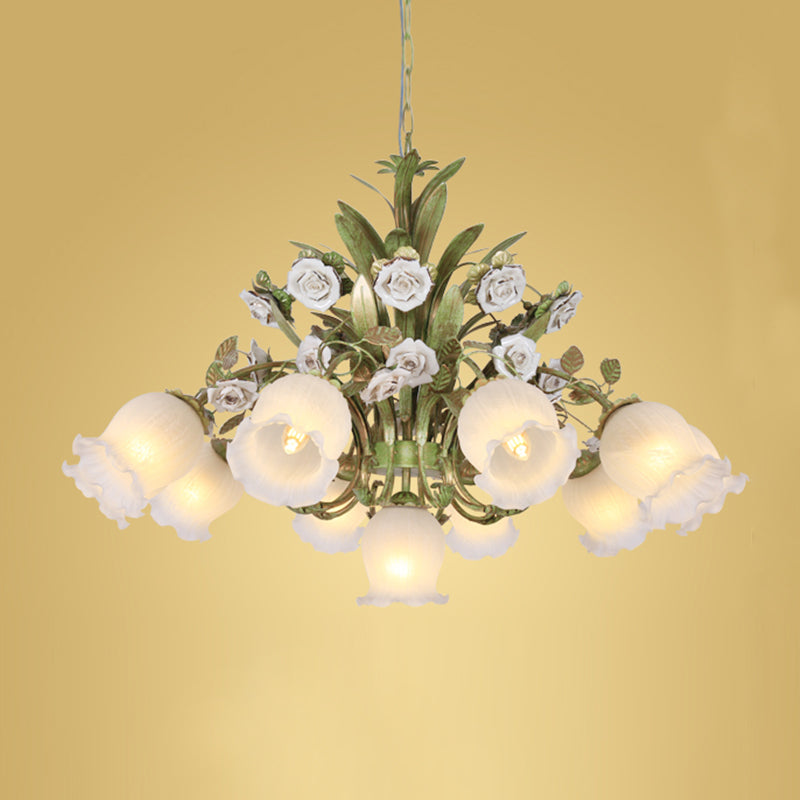 Romantic Cream Glass Green Chandelier With Flower Design - Perfect Lighting Fixture For Living Room