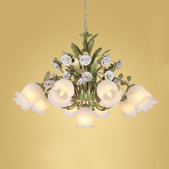 Romantic Cream Glass Green Chandelier With Flower Design - Perfect Lighting Fixture For Living Room