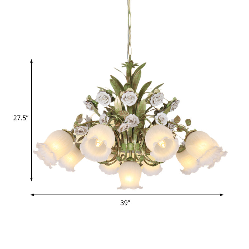 Romantic Cream Glass Green Chandelier With Flower Design - Perfect Lighting Fixture For Living Room