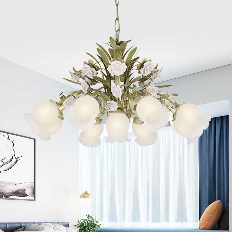 Romantic Cream Glass Green Chandelier With Flower Design - Perfect Lighting Fixture For Living Room