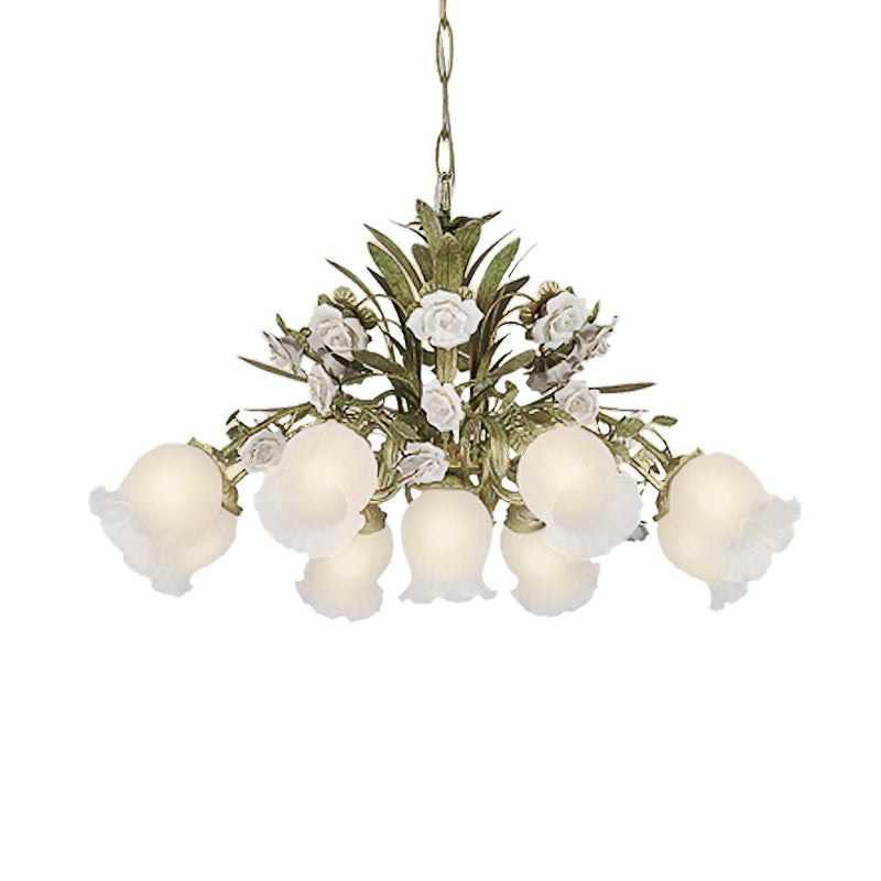 Romantic Cream Glass Green Chandelier With Flower Design - Perfect Lighting Fixture For Living Room