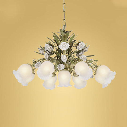 Romantic Cream Glass Green Chandelier With Flower Design - Perfect Lighting Fixture For Living Room