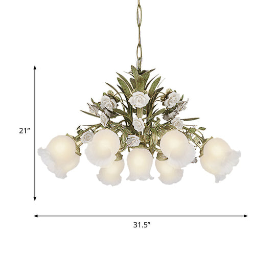 Romantic Cream Glass Green Chandelier With Flower Design - Perfect Lighting Fixture For Living Room