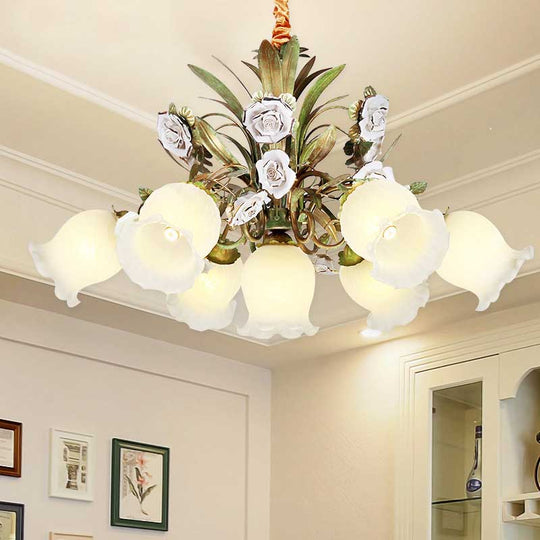 Romantic Cream Glass Green Chandelier With Flower Design - Perfect Lighting Fixture For Living Room