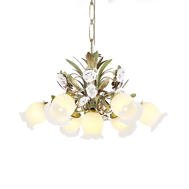 Romantic Cream Glass Green Chandelier With Flower Design - Perfect Lighting Fixture For Living Room