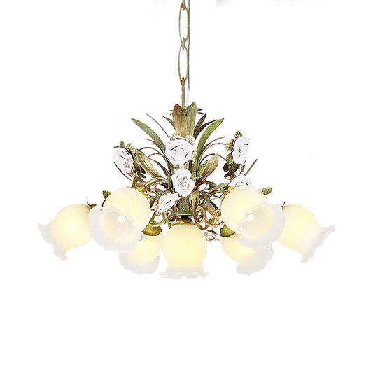 Romantic Cream Glass Green Chandelier With Flower Design - Perfect Lighting Fixture For Living Room