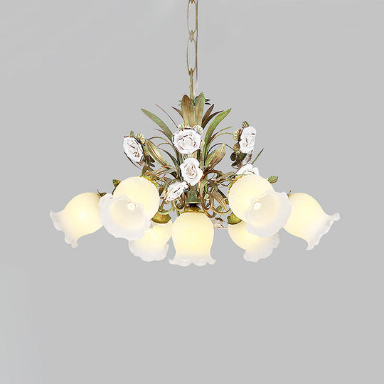 Romantic Cream Glass Green Chandelier With Flower Design - Perfect Lighting Fixture For Living Room