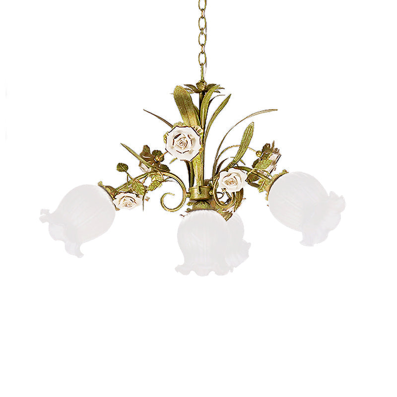 Romantic Cream Glass Green Chandelier With Flower Design - Perfect Lighting Fixture For Living Room