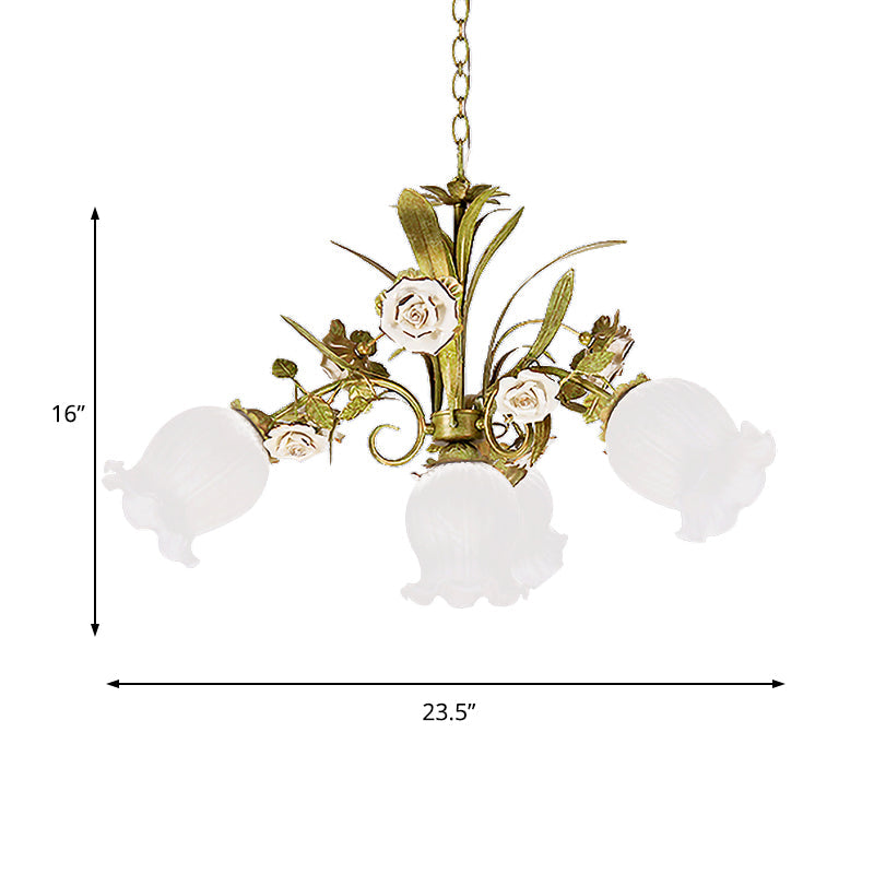 Romantic Cream Glass Green Chandelier With Flower Design - Perfect Lighting Fixture For Living Room