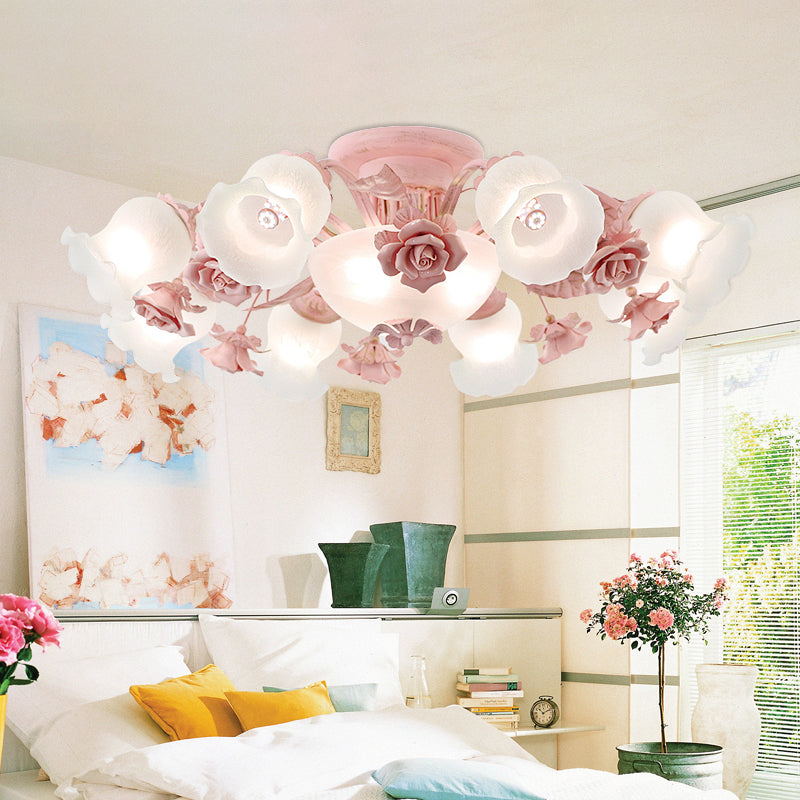 Korean Garden Floral Semi Flush Mount Light Fixture - Cream Glass, 5/7/11 Lights - Pink/Blue - Bedroom Lighting