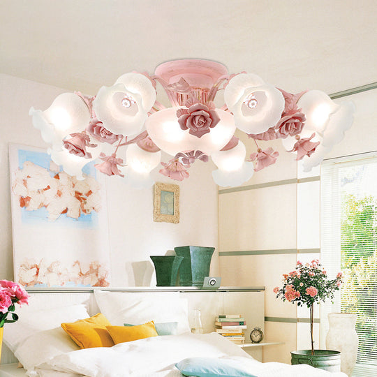 Korean Garden Floral Semi Flush Mount Light Fixture - Cream Glass, 5/7/11 Lights - Pink/Blue - Bedroom Lighting