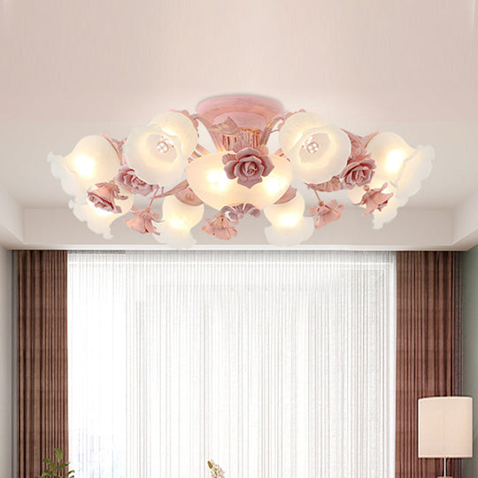 Korean Garden Floral Semi Flush Mount Light Fixture - Cream Glass, 5/7/11 Lights - Pink/Blue - Bedroom Lighting