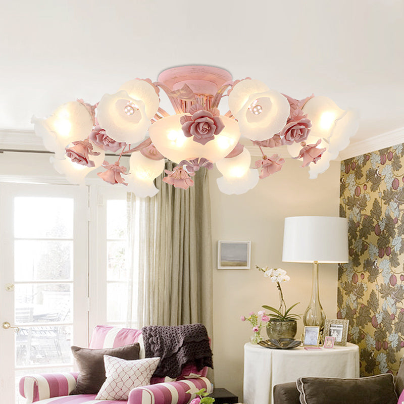 Korean Garden Floral Semi Flush Mount Light Fixture - Cream Glass 5/7/11 Lights Pink/Blue Bedroom