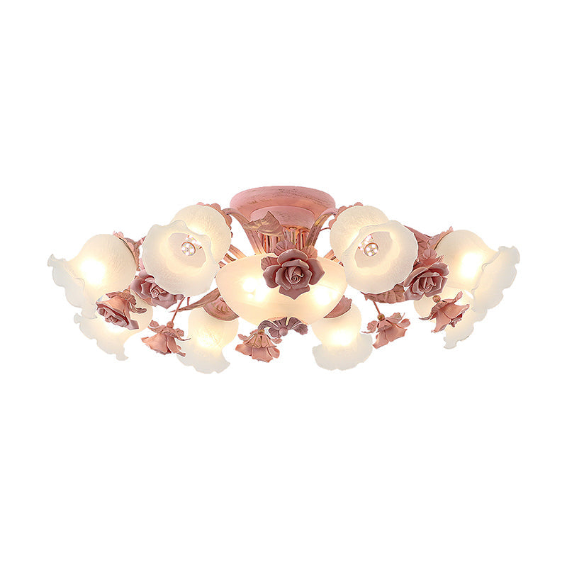 Korean Garden Floral Semi Flush Mount Light Fixture - Cream Glass, 5/7/11 Lights - Pink/Blue - Bedroom Lighting