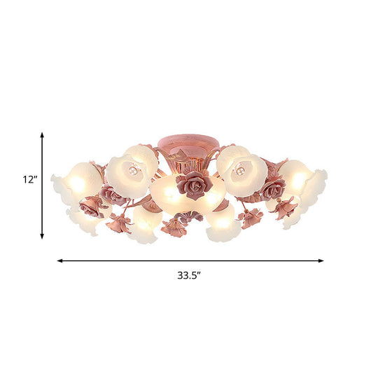 Korean Garden Floral Semi Flush Mount Light Fixture - Cream Glass 5/7/11 Lights Pink/Blue Bedroom