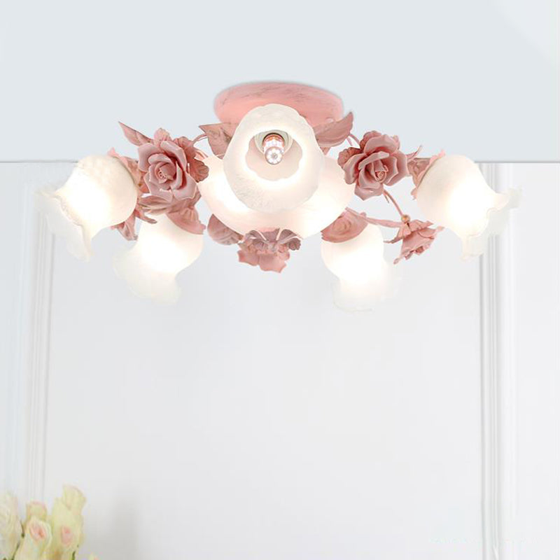 Korean Garden Floral Semi Flush Mount Light Fixture - Cream Glass, 5/7/11 Lights - Pink/Blue - Bedroom Lighting