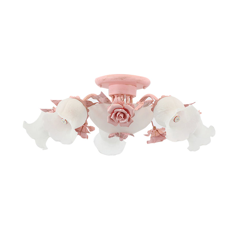 Korean Garden Floral Semi Flush Mount Light Fixture - Cream Glass, 5/7/11 Lights - Pink/Blue - Bedroom Lighting