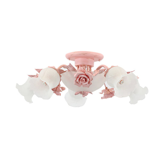 Korean Garden Floral Semi Flush Mount Light Fixture - Cream Glass, 5/7/11 Lights - Pink/Blue - Bedroom Lighting