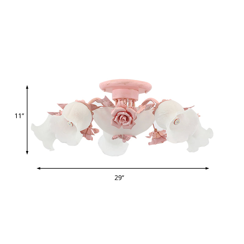 Korean Garden Floral Semi Flush Mount Light Fixture - Cream Glass, 5/7/11 Lights - Pink/Blue - Bedroom Lighting