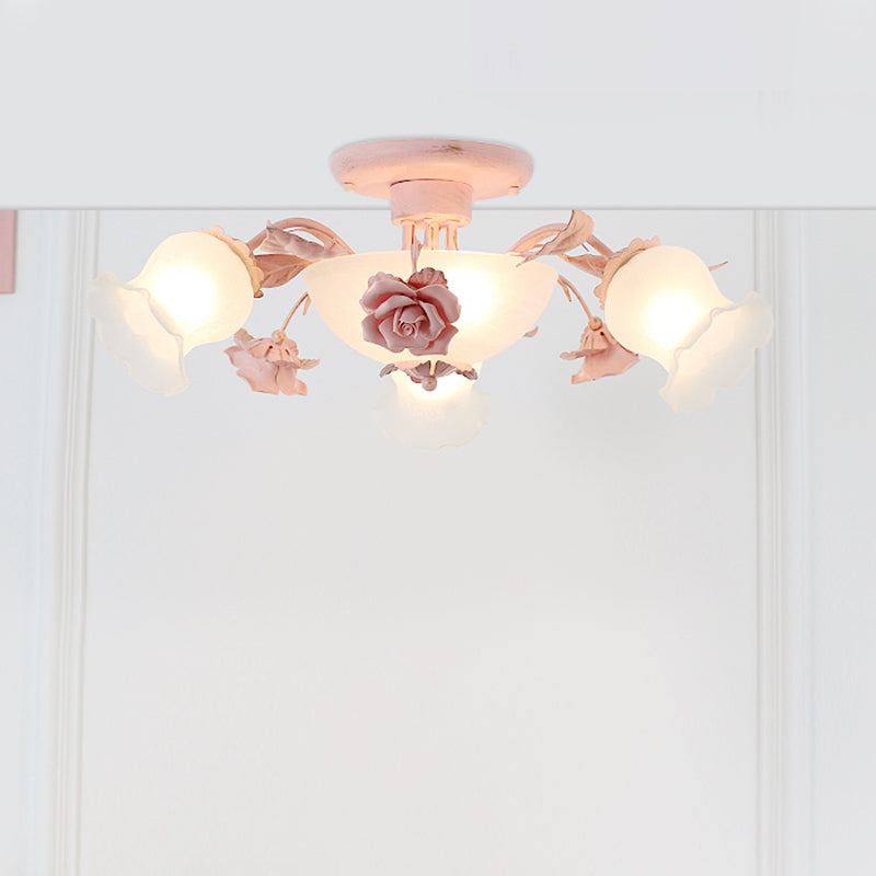 Korean Garden Floral Semi Flush Mount Light Fixture - Cream Glass, 5/7/11 Lights - Pink/Blue - Bedroom Lighting