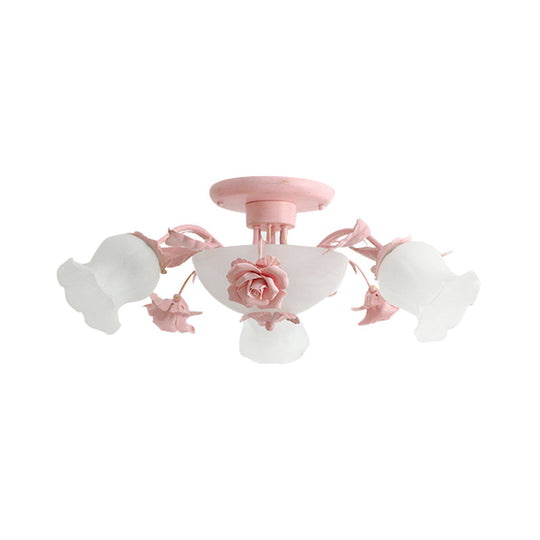 Korean Garden Floral Semi Flush Mount Light Fixture - Cream Glass, 5/7/11 Lights - Pink/Blue - Bedroom Lighting