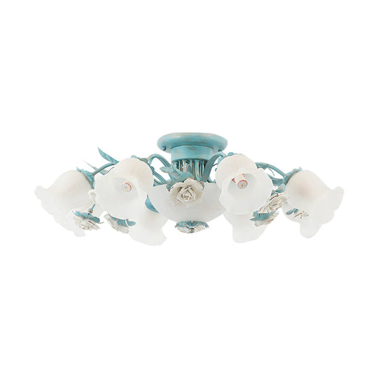 Korean Garden Floral Semi Flush Mount Light Fixture - Cream Glass, 5/7/11 Lights - Pink/Blue - Bedroom Lighting