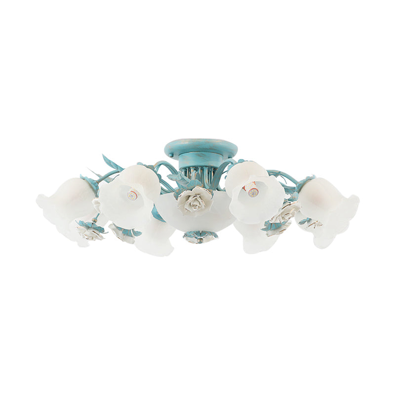 Korean Garden Floral Semi Flush Mount Light Fixture - Cream Glass 5/7/11 Lights Pink/Blue Bedroom