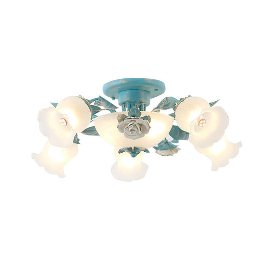 Korean Garden Floral Semi Flush Mount Light Fixture - Cream Glass, 5/7/11 Lights - Pink/Blue - Bedroom Lighting