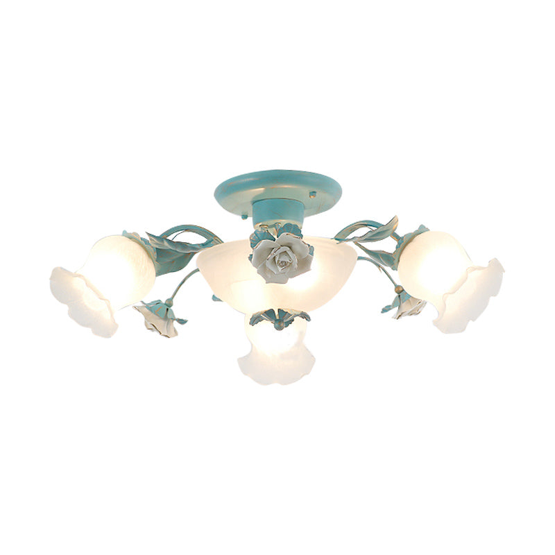 Korean Garden Floral Semi Flush Mount Light Fixture - Cream Glass, 5/7/11 Lights - Pink/Blue - Bedroom Lighting