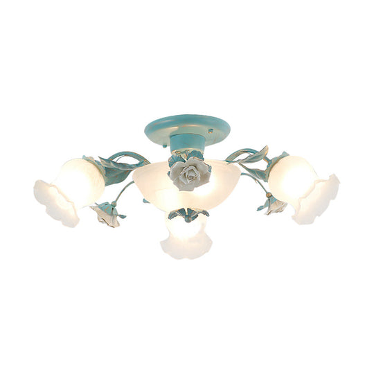 Korean Garden Floral Semi Flush Mount Light Fixture - Cream Glass 5/7/11 Lights Pink/Blue Bedroom