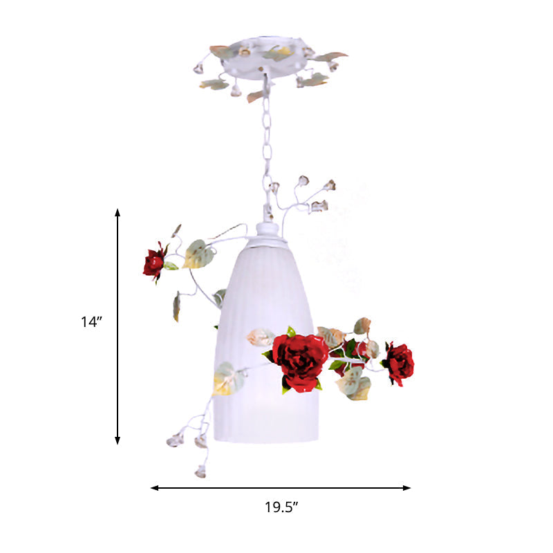 Romantic Pastoral 1-Light White Glass Pendant With Red Flower