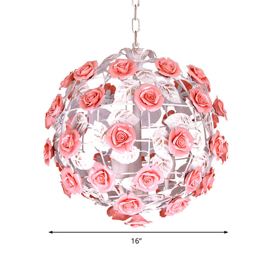 14/16 White Metal Pendant Light With Pink Ball Shade - Romantic Rose Ceiling Lamp