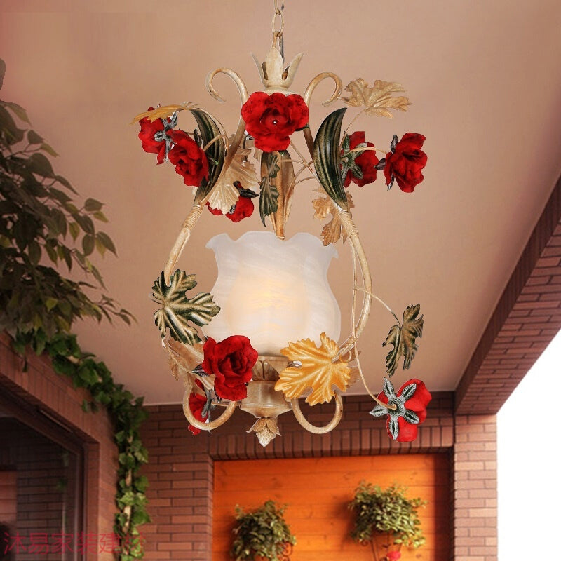 Korean Flower Suspended Pendant Light With Scrolled Arm And White Glass Shade