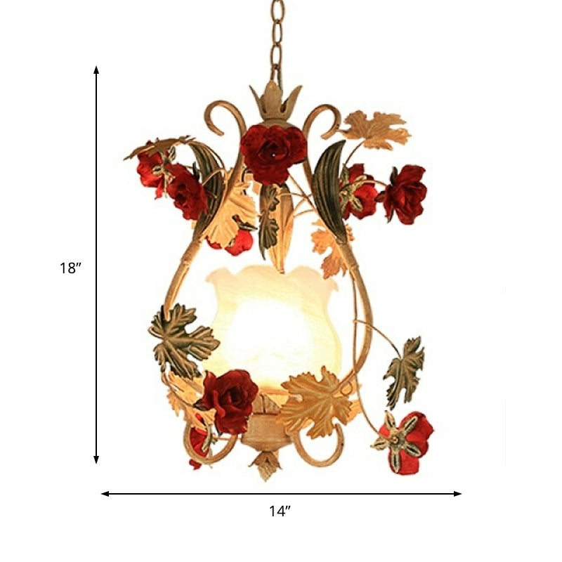 Korean Flower Suspended Pendant Light With Scrolled Arm And White Glass Shade