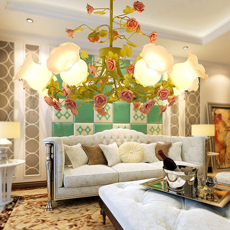 Sputnik Ivory Glass Chandelier: Korean Flower Design With 8 Green Suspension Lights - Perfect For