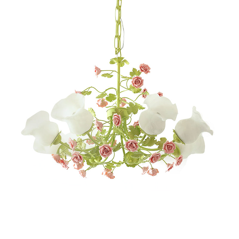 Sputnik Ivory Glass Chandelier: Korean Flower Design With 8 Green Suspension Lights - Perfect For