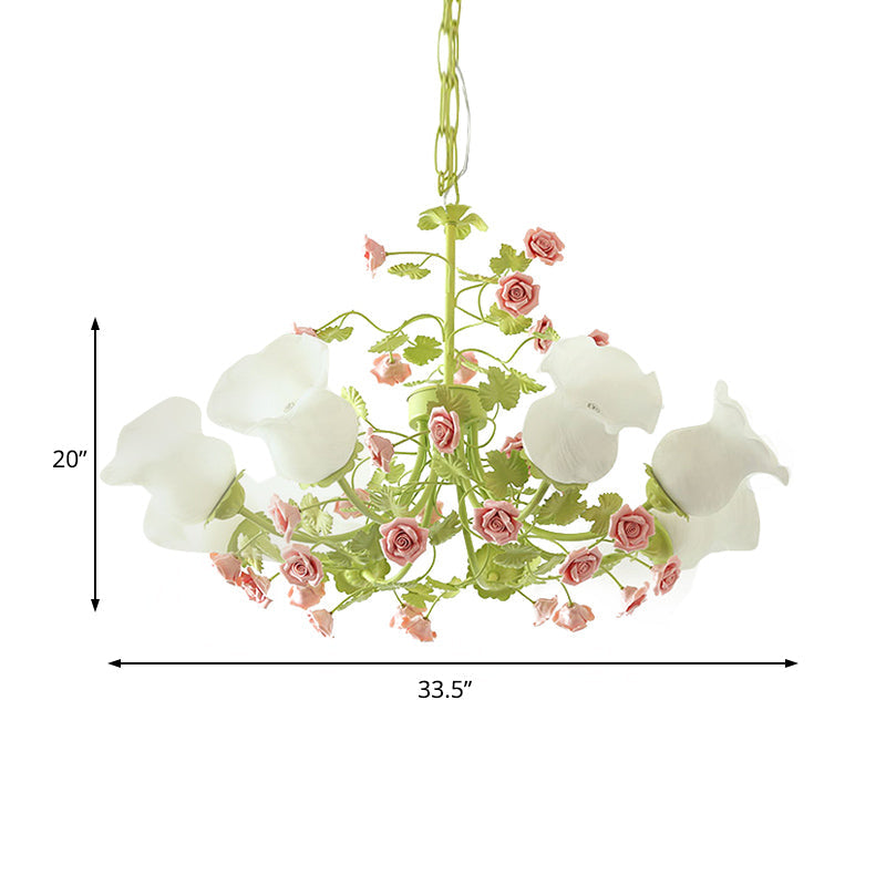 Sputnik Ivory Glass Chandelier: Korean Flower Design With 8 Green Suspension Lights - Perfect For