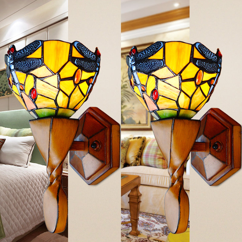 Vintage Stained Glass Dragonfly Wall Sconce - Yellow 1 Head Ideal For Corridor Lighting