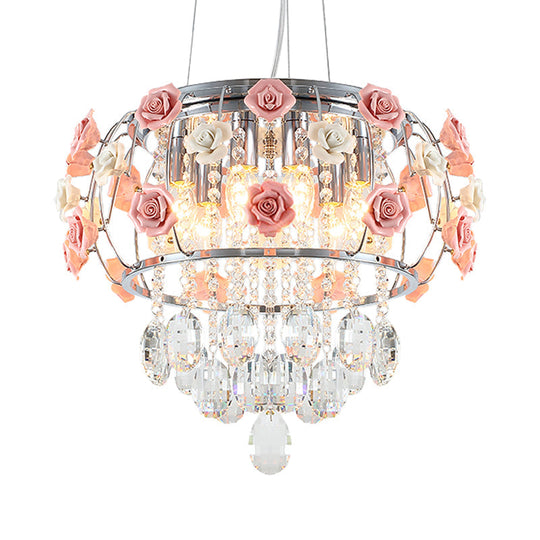 Modern Chrome Drum Cage Pendant Chandelier with 6 Bulbs and Pink Rose Crystal Drape – Dining Table Suspension Lamp