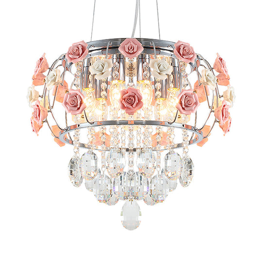 Modern Chrome Drum Cage Pendant Chandelier With Crystalline Pink Rose Accent - Dining Table