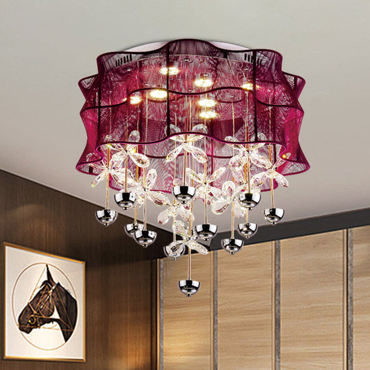 Romantic Modern Red Flushmount Lamp - Fabric Bedroom LED Ceiling Light with Dangling Crystals