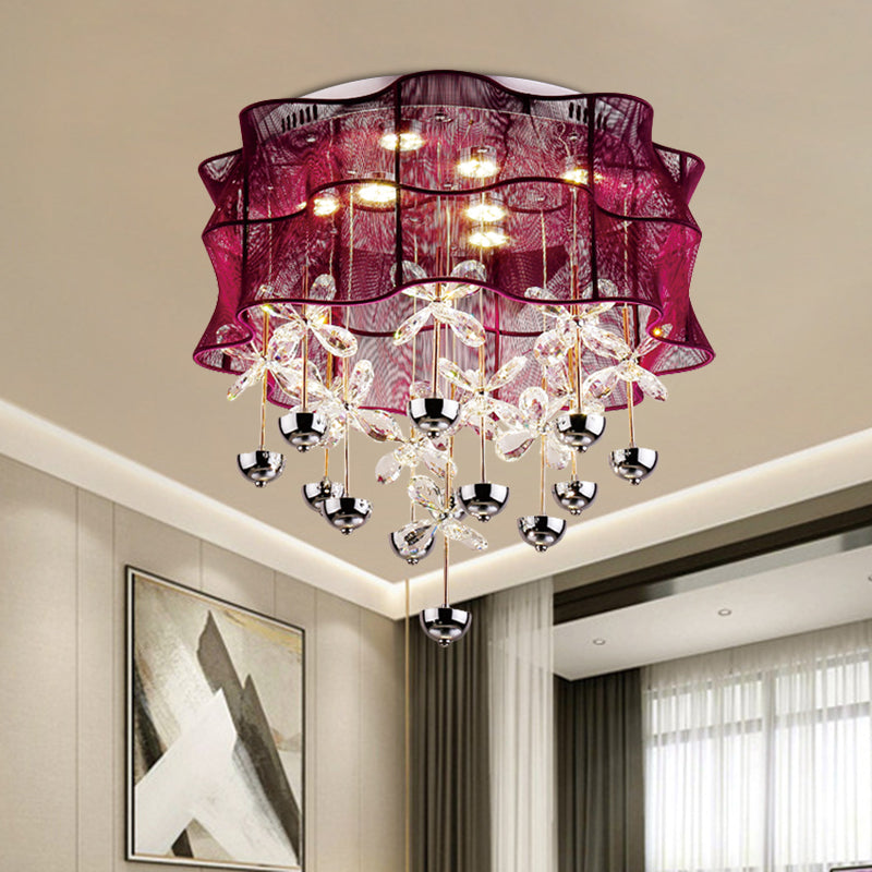 Romantic Modern Red Flushmount Lamp - Fabric Bedroom LED Ceiling Light with Dangling Crystals