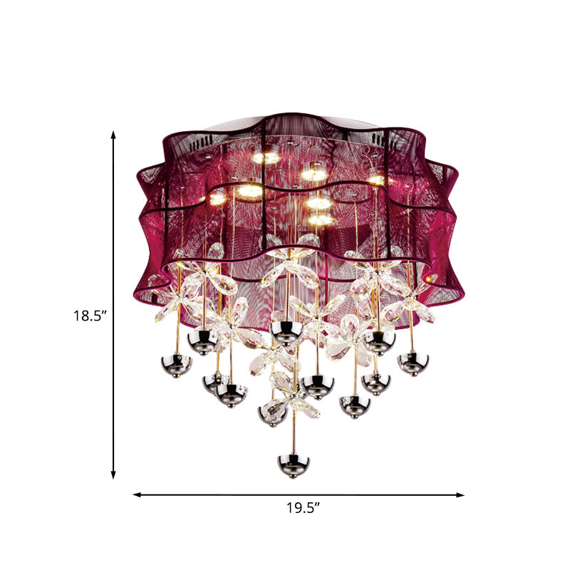 Romantic Modern Red Flushmount Lamp - Fabric Bedroom LED Ceiling Light with Dangling Crystals