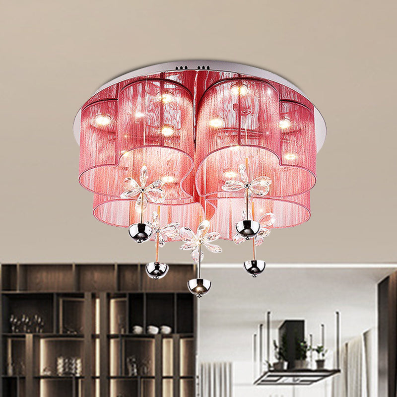 Modern Pink/Gold Clover Flush Ceiling Light with Crystal Flowers - Romantic Fabric Parlor LED Fixture