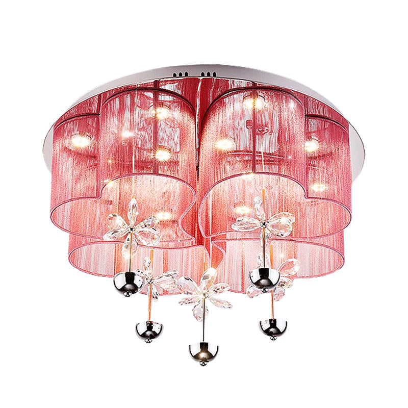 Modern Pink/Gold Clover Flush Ceiling Light with Crystal Flowers - Romantic Fabric Parlor LED Fixture