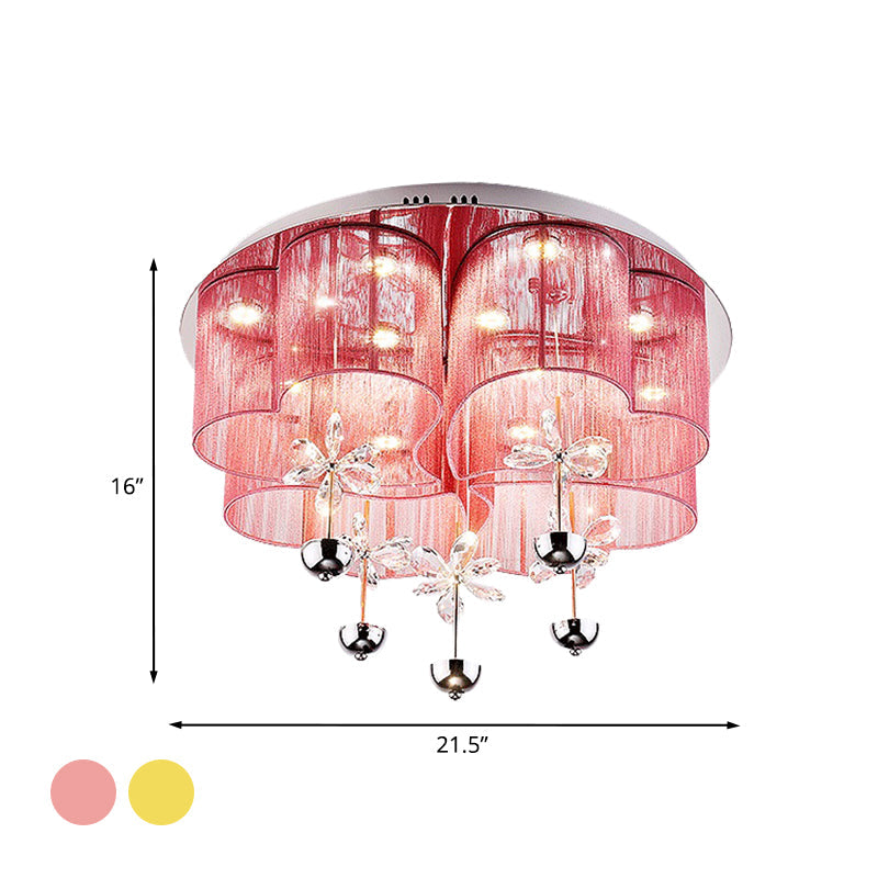 Modern Pink/Gold Clover Flush Ceiling Light with Crystal Flowers - Romantic Fabric Parlor LED Fixture