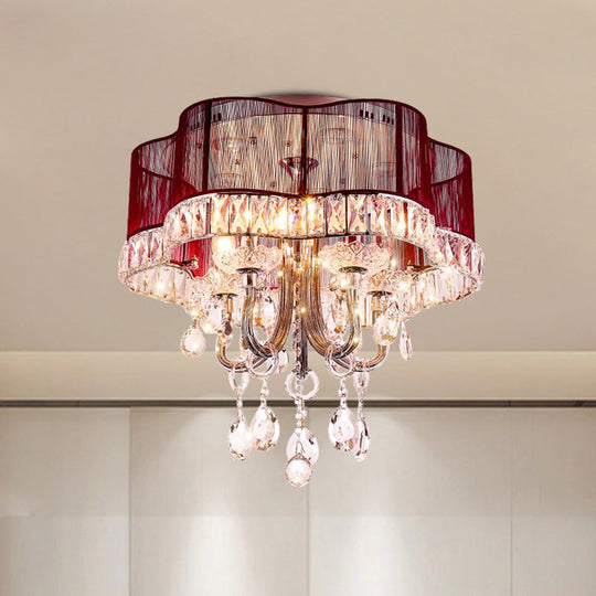 Modern Gold/Red LED Floral Bedroom Ceiling Light with Crystal Accent