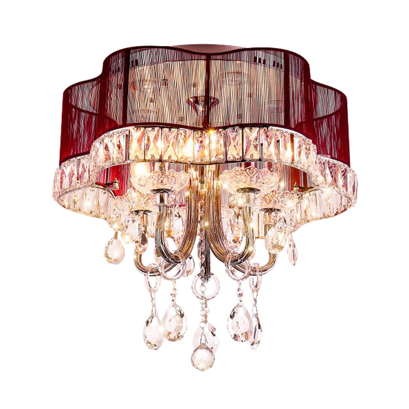 Modern Gold/Red LED Floral Bedroom Ceiling Light with Crystal Accent