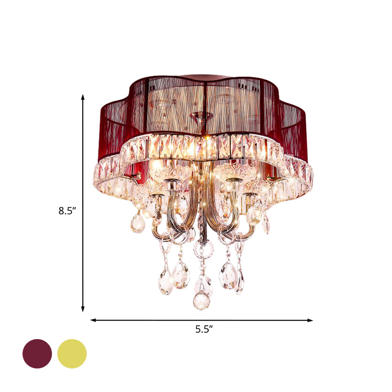 Modern Gold/Red LED Floral Bedroom Ceiling Light with Crystal Accent