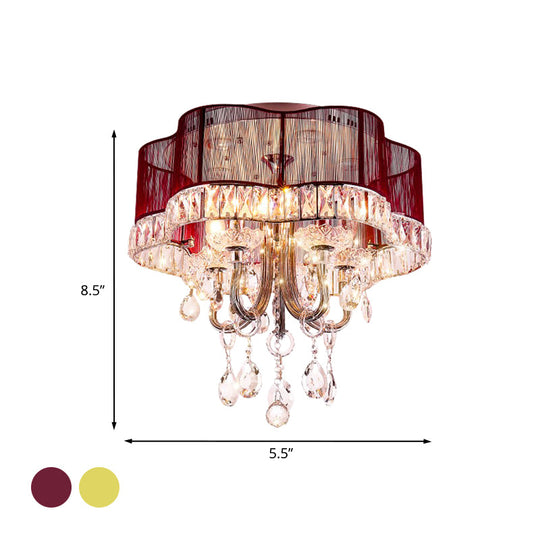 Modern Gold/Red LED Floral Bedroom Ceiling Light with Crystal Accent